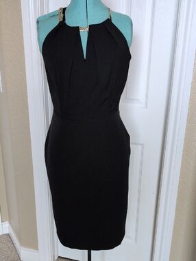 Ashley Graham Black Halter Midi Dress with Gold Chain Straps